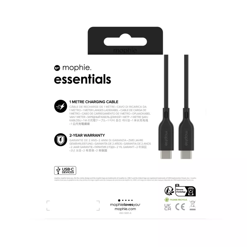 USB-C į USB-C įkrovimo laidas 1 m — Zagg International mophie essentials, USB 2.0, juodas