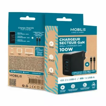 Ravanson Mobilis 100W GaN USB-C/USB-A sieninis įkroviklis nešiojamam kompiuteriui, išmaniajam telefonui, planšetei – juodas