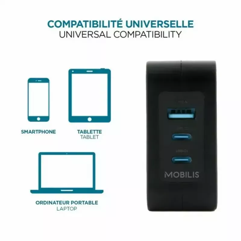 Ravanson Mobilis 100W GaN USB-C/USB-A sieninis įkroviklis nešiojamam kompiuteriui, išmaniajam telefonui, planšetei – juodas