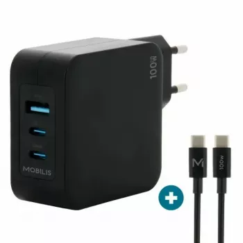 Ravanson Mobilis 100W GaN USB-C/USB-A sieninis įkroviklis nešiojamam kompiuteriui, išmaniajam telefonui, planšetei – juodas