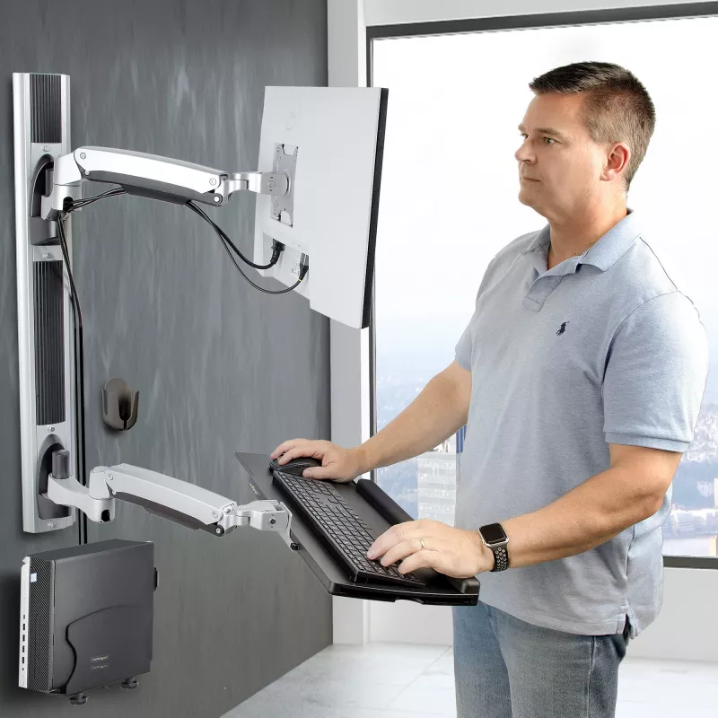 StarTech.com sieninis darbo stalas su VESA laikikliu 32 inch monitoriams (10 kg), pilnai reguliuojamas vieno monitoriaus laikiklis ir klaviatūros lentyna su kompiuterio kronšteinu, stovimas stalas