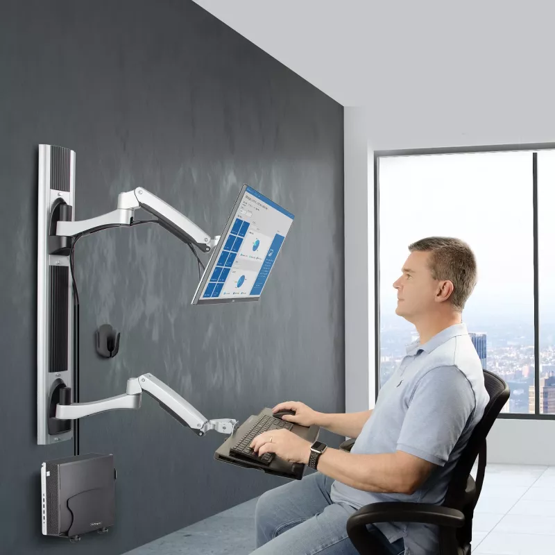 StarTech.com sieninis darbo stalas su VESA laikikliu 32 inch monitoriams (10 kg), pilnai reguliuojamas vieno monitoriaus laikiklis ir klaviatūros lentyna su kompiuterio kronšteinu, stovimas stalas