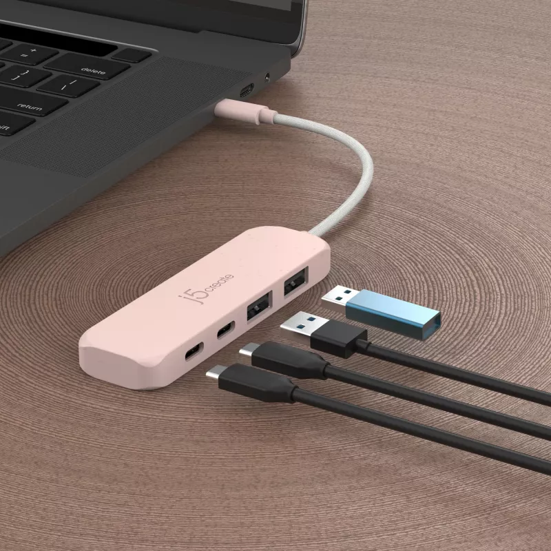 USB-C Hub j5create JCH342ER-N 4 prievadų Type-C Type-A Gen 2 10 000 Mbit/s rožinė