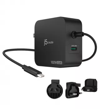 j5create JUP25102V-N 102W GaN PD USB-C 2 prievadų įkroviklis su keičiamais kištukais