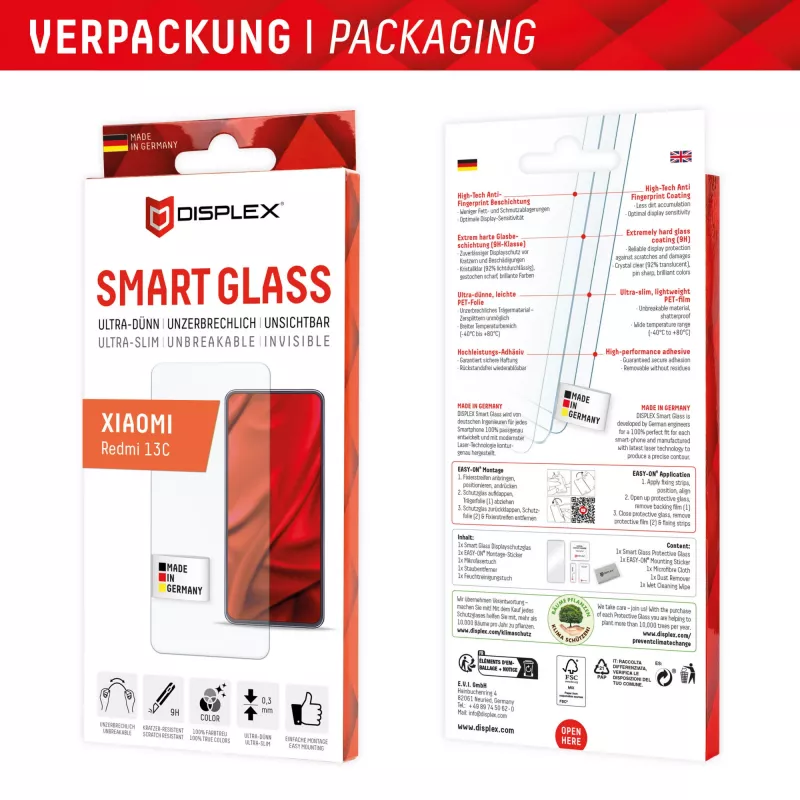 Displex Smart Glass (9H) apsauginis stiklas, skirtas Xiaomi Redmi 13C, su montavimo lipdukais, nedūžtantis