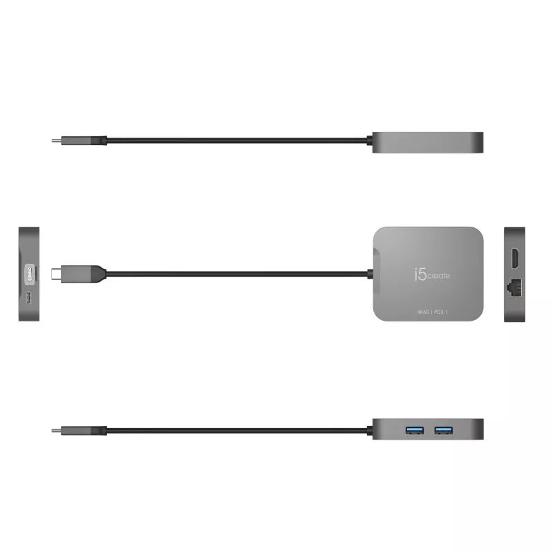 j5create JCD3191 4K60 Elite USB-C kelioninis adapteris, pilkas
