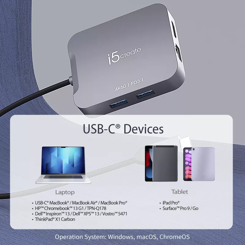 j5create JCD3191 4K60 Elite USB-C kelioninis adapteris, pilkas