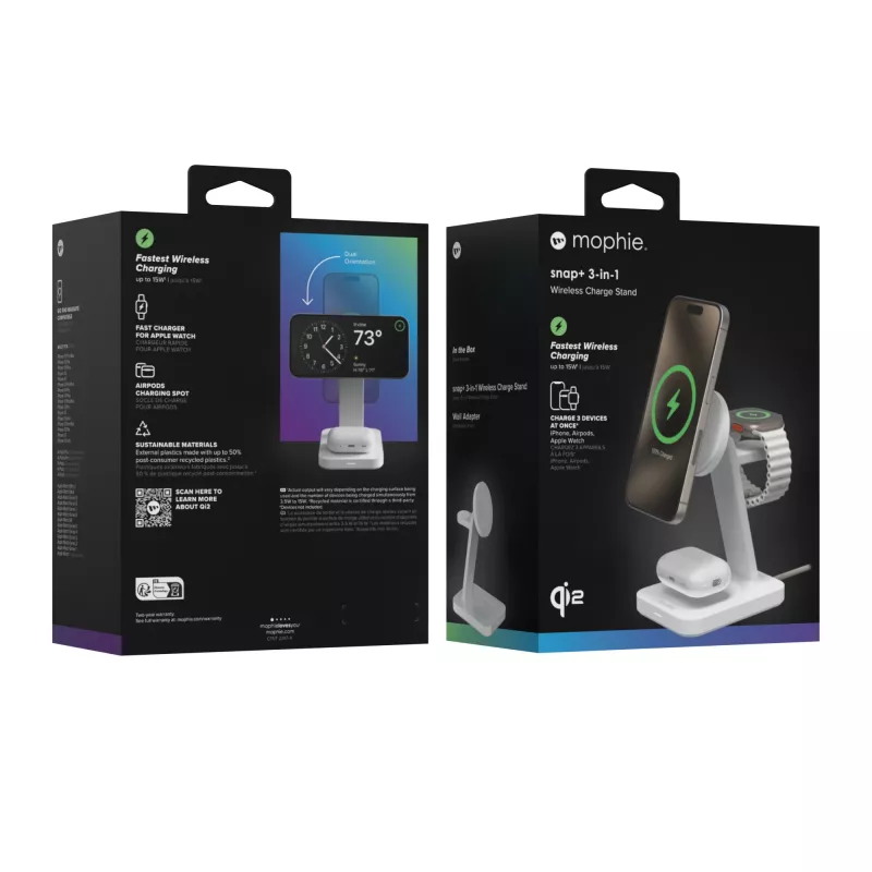 mophie Snap+ 3-in-1 belaidis įkrovimo stovas Headset, Smartphone, Smartwatch Baltas USB belaidis įkrovimas Greitas įkrovimas Vidaus