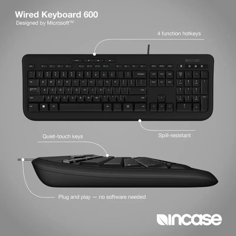 Incisas, sukurtas Microsoft Wired 600 – pilno dydžio laidinė klaviatūra, USB, QWERTY, JK anglų, juoda