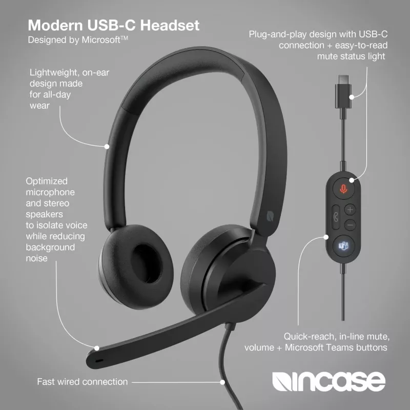 Incase Designed by Microsoft Modern USB-C ausinės su laidu, biuro / skambučių centro, USB Type-C, juodos