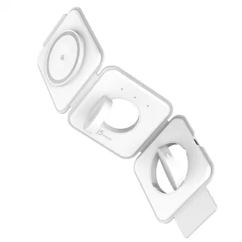 j5create Qi2 3-in-1 magnetinė kelioninė belaidė įkrovimo stotelė, vidaus, USB greitasis įkrovimas, balta