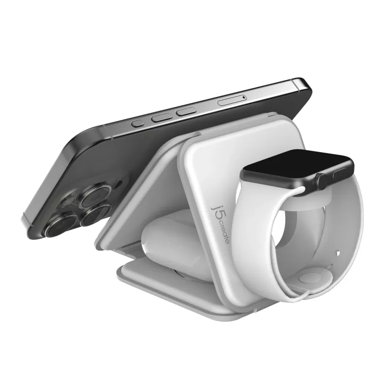 j5create Qi2 3-in-1 magnetinė kelioninė belaidė įkrovimo stotelė, vidaus, USB greitasis įkrovimas, balta