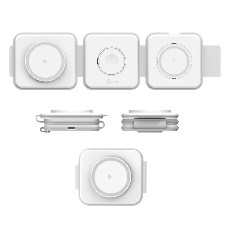j5create Qi2 3-in-1 magnetinė kelioninė belaidė įkrovimo stotelė, vidaus, USB greitasis įkrovimas, balta