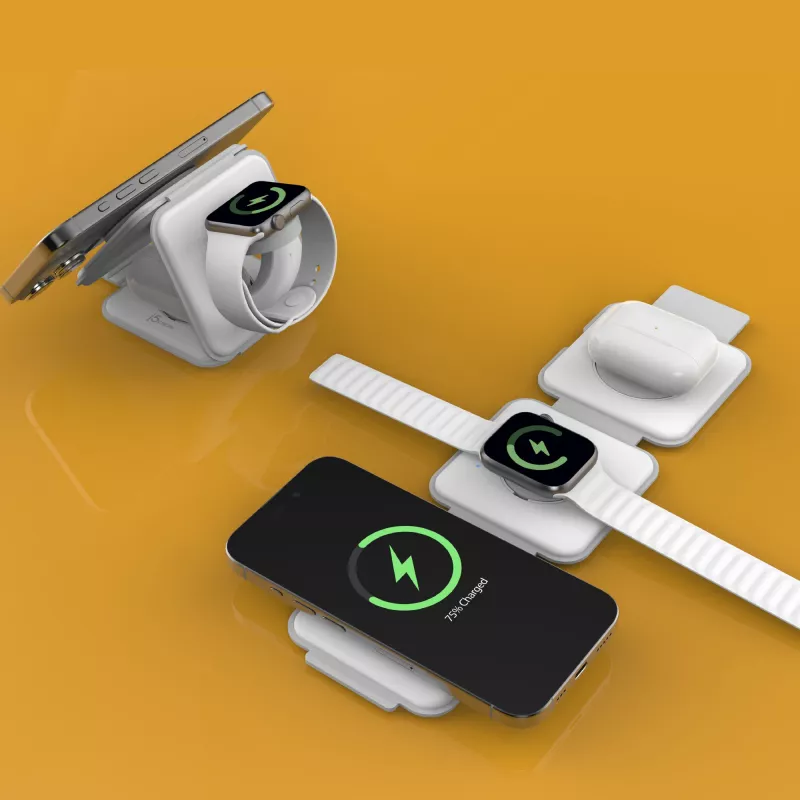 j5create Qi2 3-in-1 magnetinė kelioninė belaidė įkrovimo stotelė, vidaus, USB greitasis įkrovimas, balta