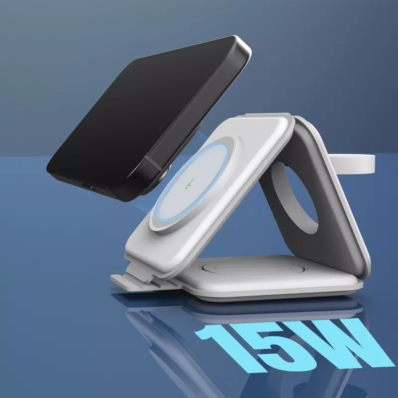 j5create Qi2 3-in-1 magnetinė kelioninė belaidė įkrovimo stotelė, vidaus, USB greitasis įkrovimas, balta