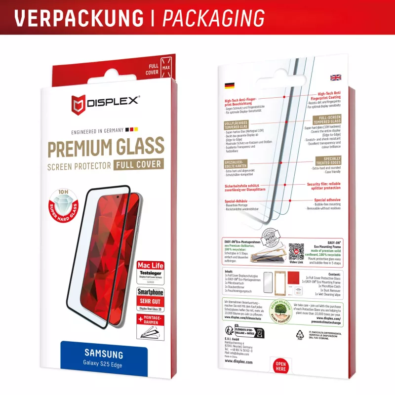 Displex Premium Screen Protector (Full Cover, 10H) Samsung Galaxy S25 Edge, Eco Mounting Frame, Full Cover