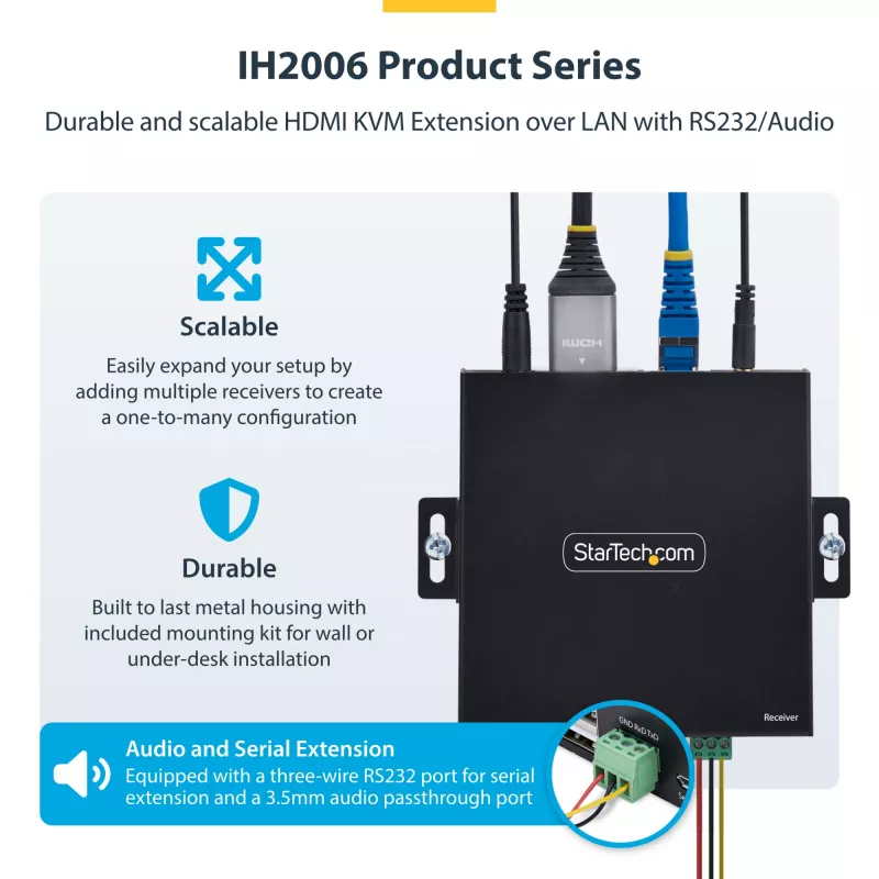 „StarTech.com“ HDMI KVM prailgintuvas per IP tinklą, 4K 60Hz, be tvarkyklių, HDMI ir USB per Ethernet/CAT6, AVoIP, siųstuvas ir imtuvas komplekte, su montavimo rinkiniais