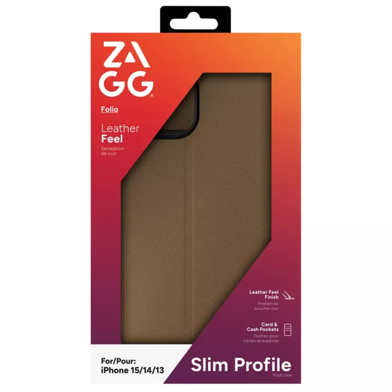 ZAGG 702314850 Folio atlenkiamas dėklas, Apple iPhone 16e/15/14/13, dirbtinė oda, rudas