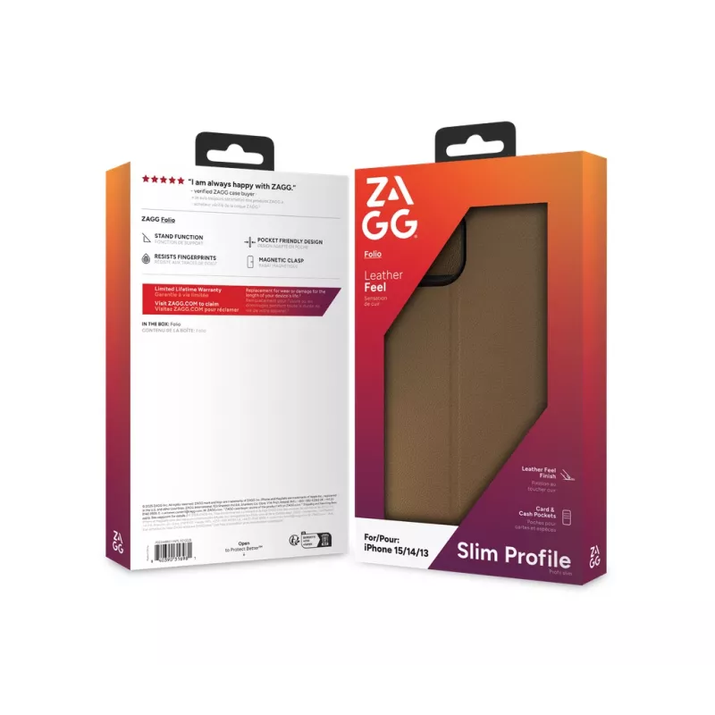 ZAGG 702314850 Folio atlenkiamas dėklas, Apple iPhone 16e/15/14/13, dirbtinė oda, rudas