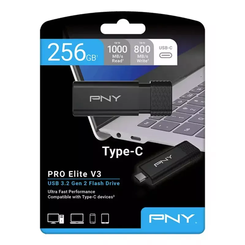 USB atmintukas PNY PRO Elite V3 256 GB USB Type-C 3.2 Gen 1 (3.1 Gen 1) juodas — slankusis korpusas