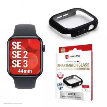 Apsauginis stiklas PanzerGlass Displex 10H, skirtas Apple Watch SE3/SE2/SE (44mm) – pilno korpuso, IP68, užspaudžiamas, juodas matinis