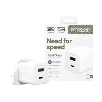 PanzerGlass empower™ by ® Turbo 35W įkroviklis su USB-C + USB-A | UK kištukas | sidabriškai baltas