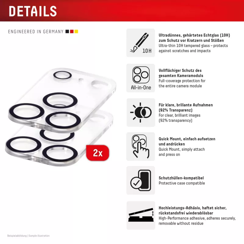 Displex Full Cover Camera Lens Glass iPhone 17 Pro Max, 10H, pilnas fotoaparato apsauginis stiklas, greitas montavimas, 2 vnt.