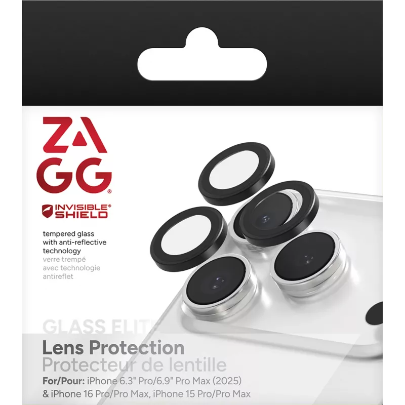 InvisibleShield Glass Elite (CameraRings) objektyvų apsauga, skirta Apple iPhone 17 Pro / 17 Pro Max / 16 Pro / 16 Pro Max / 15 Pro / 15 Pro Max, juoda
