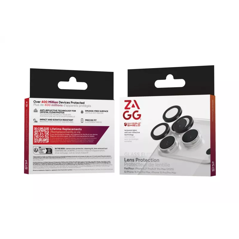 InvisibleShield Glass Elite (CameraRings) objektyvų apsauga, skirta Apple iPhone 17 Pro / 17 Pro Max / 16 Pro / 16 Pro Max / 15 Pro / 15 Pro Max, juoda