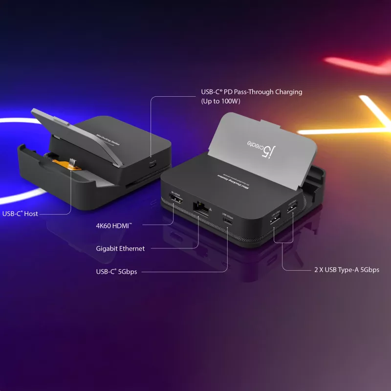 Mobiliojo įrenginio dokų stotelė j5 create JCD624-N USB Type-C, skirta iPhone 16/15 ir Samsung Galaxy serijai, 100×250×28,5 mm, 238 g, juoda/pilka