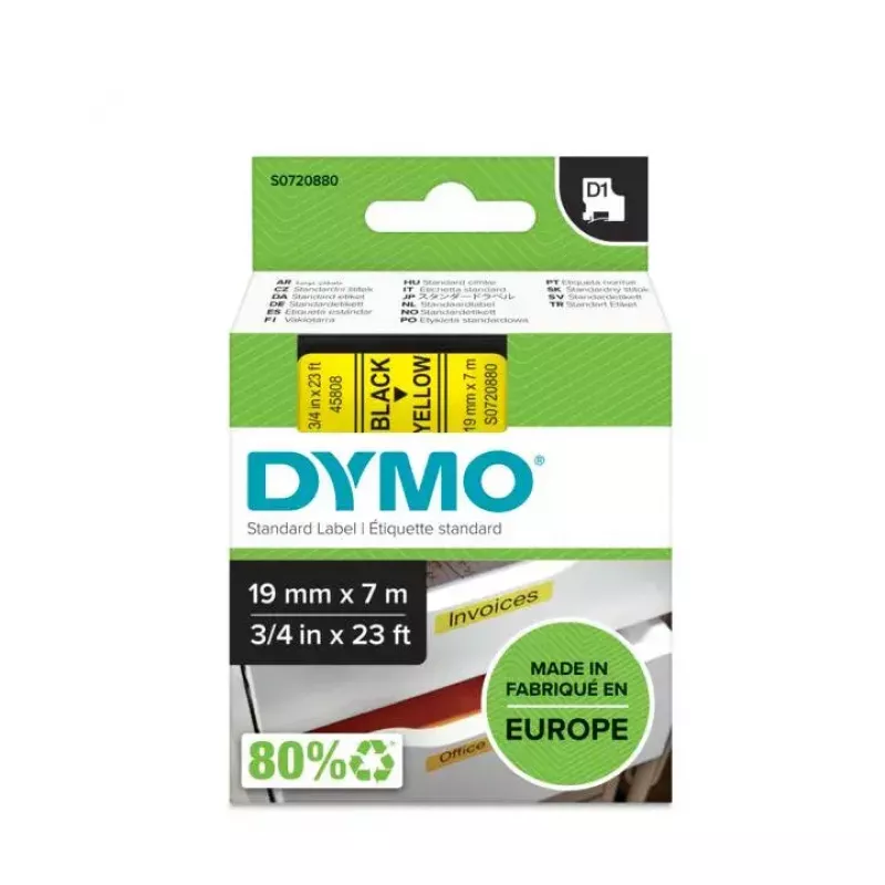 DYMO Autentiškos D1 etiketės | Juodas spaudinys ant geltonos juostos | 19 mm x 7 m | Lipnios etiketės LabelManager etikečių spausdintuvams | Pagaminta Europoje
