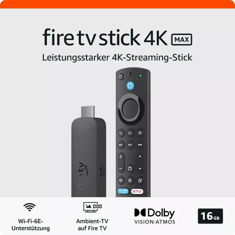 Amazon 4K Ultra HD USB TV dongle, Wi‑Fi 6 (802.11ax), 3840×2160, maitinamas per USB, juodas