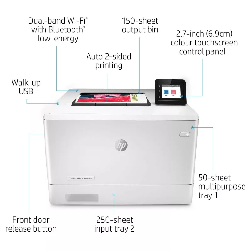 HP Color LaserJet Pro M454dw spalvotas lazerinis spausdintuvas, tinklinis, A4, 27 ppm, automatinis dvipusis spausdinimas, USB priekyje, Wi-Fi