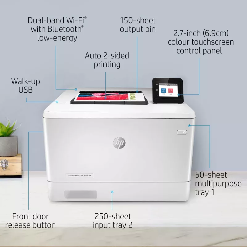 HP Color LaserJet Pro M454dw spalvotas lazerinis spausdintuvas, tinklinis, A4, 27 ppm, automatinis dvipusis spausdinimas, USB priekyje, Wi-Fi