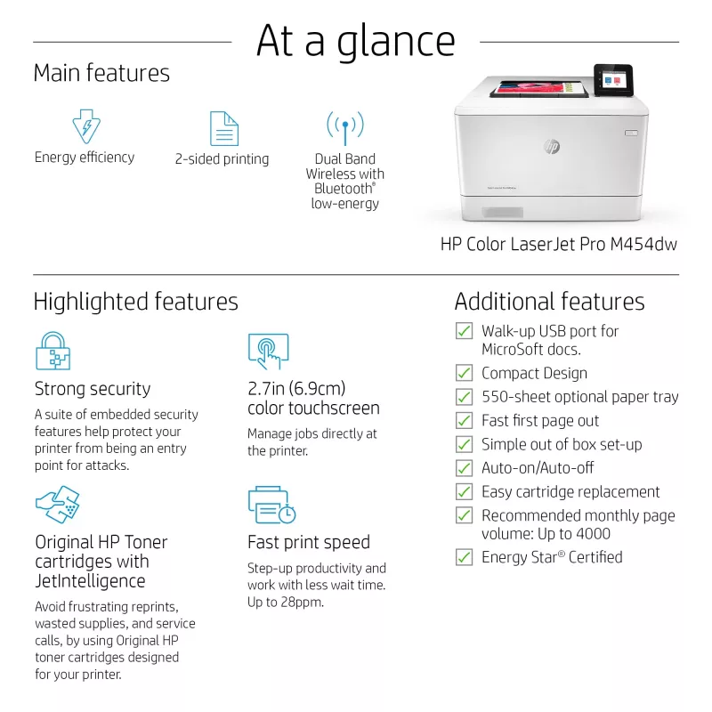 HP Color LaserJet Pro M454dw spalvotas lazerinis spausdintuvas, tinklinis, A4, 27 ppm, automatinis dvipusis spausdinimas, USB priekyje, Wi-Fi