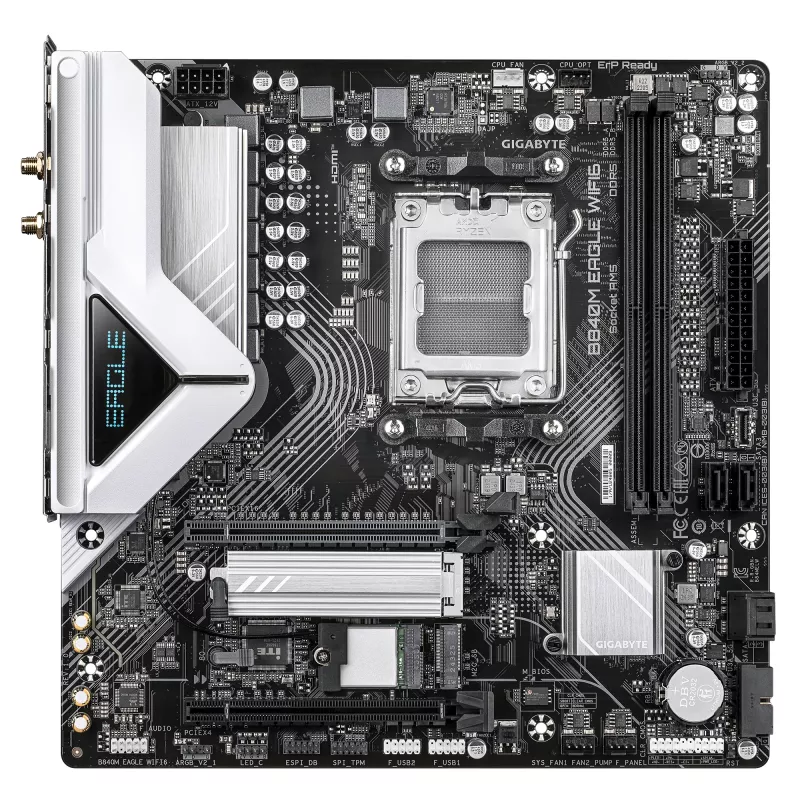 Motininė plokštė GIGABYTE B840M EAGLE WIFI6 – AMD Ryzen 9000, 5+2+2 fazių VRM, DDR5 7600MHz, PCIe 4.0 M.2, Wi-Fi 6, 2.5GbE LAN
