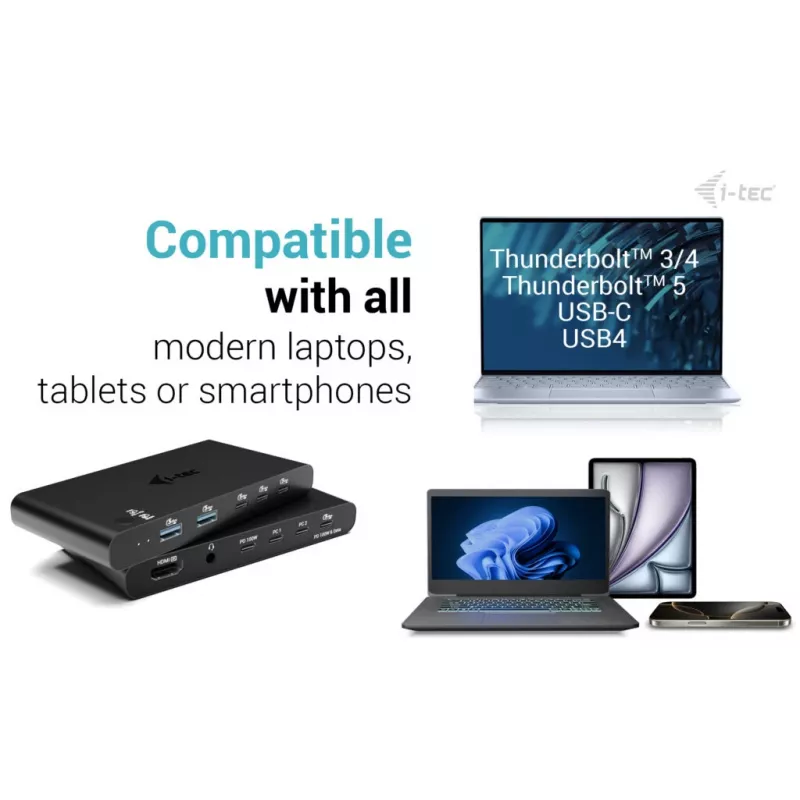 KVM dokavimo stotelė i-tec 2 hostams HDMI, USB-C sąsaja, PD 2×100W, 4K@60Hz, 2×USB-A