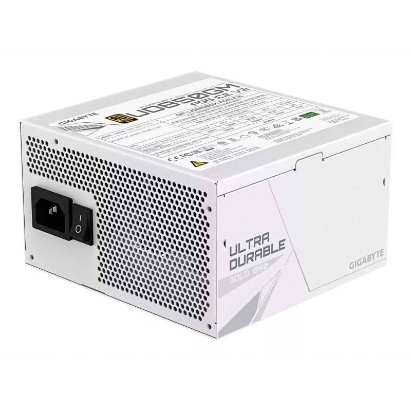 Maitinimo blokas GIGABYTE UD850GM PG5 V2 ICE — 850 W, PCIe Gen 5.1, 80 PLUS Gold, pilnai modulinis, 120 mm ventiliatorius, ATX 3.1, UK kištukas, baltas