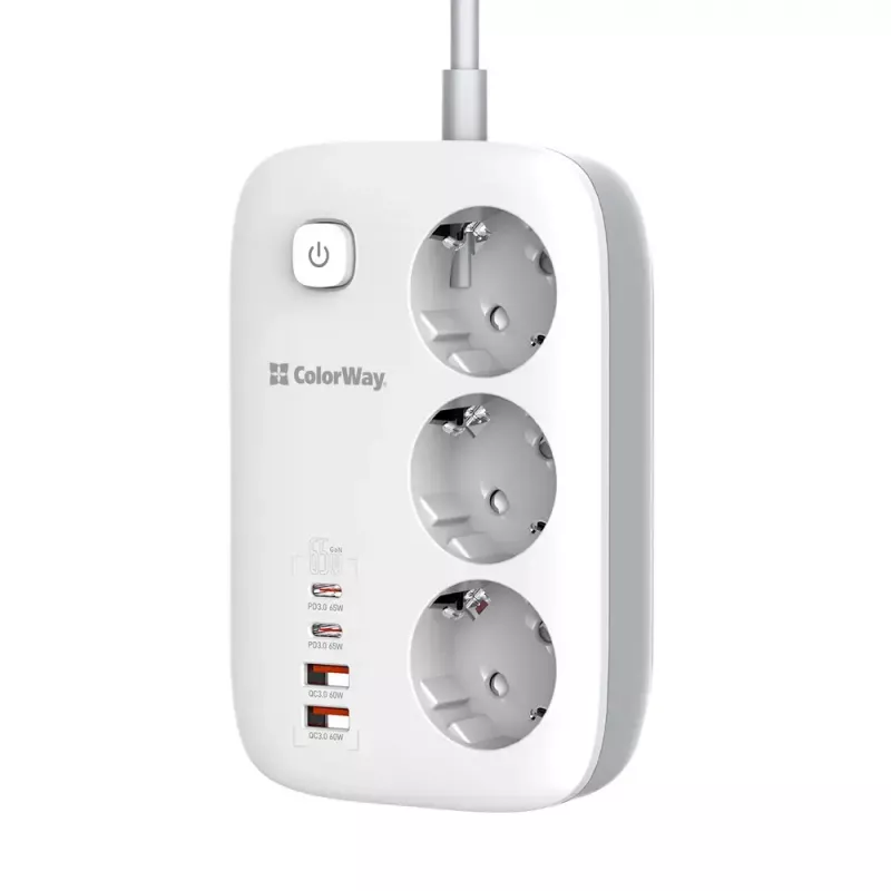 ColorWay CW-CHE34PDW kištukinis lizdas, 2x USB-C PD, 2x USB-A QC3.0, 2 m kabelis