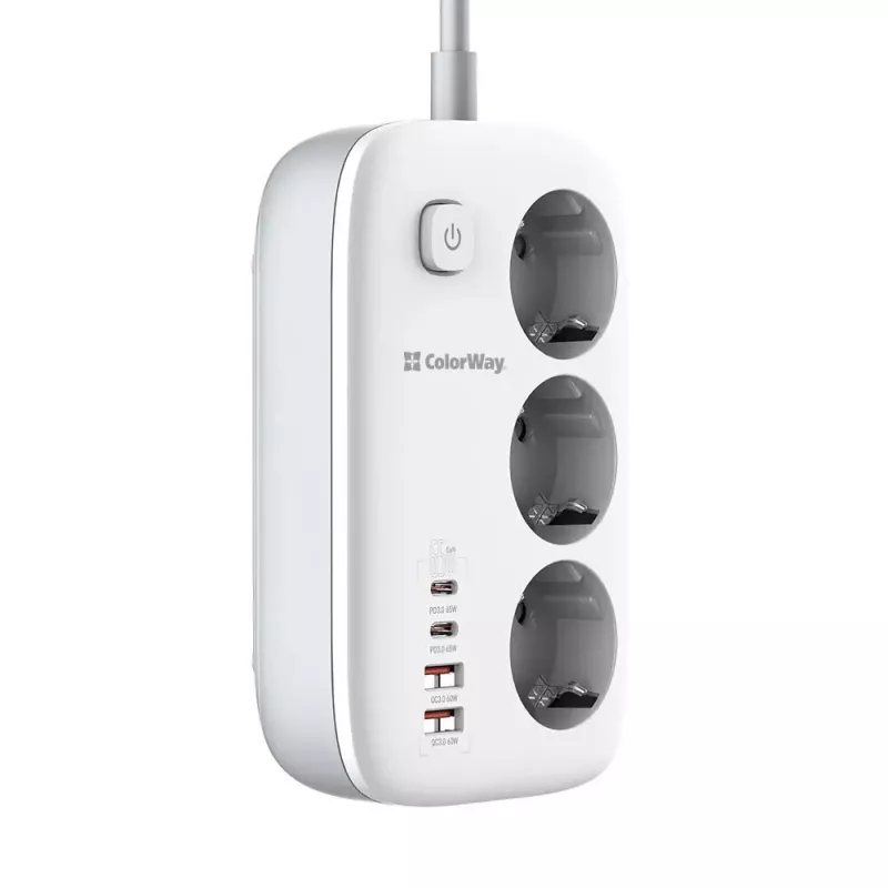 ColorWay CW-CHE34PDW kištukinis lizdas, 2x USB-C PD, 2x USB-A QC3.0, 2 m kabelis