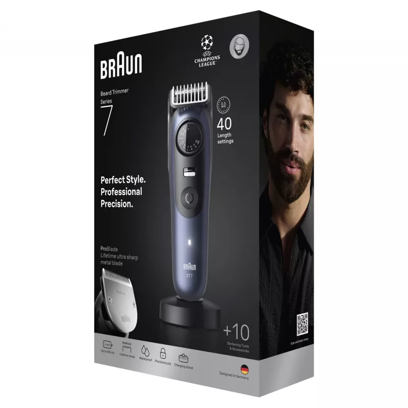 Braun BeardTrimmer 7 BT7540 barzdos kirpimo mašinėlė 0,5–20 mm, baterija, juoda mėlyna