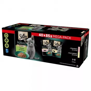 Šlapias kačių ėdalas kačiukams Sheba Kitten Selection of Flavors in Sauce 40×85 g – vištienos skonio asorti, 40 pakelių po 85 g, 3,4 kg