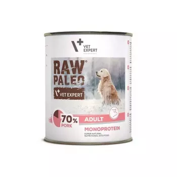 Šlapias šunų ėdalas VETEXPERT RAW PALEO Adult Monoprotein Pork 800 g skardinė, be grūdų, be glitimo ir be sojos