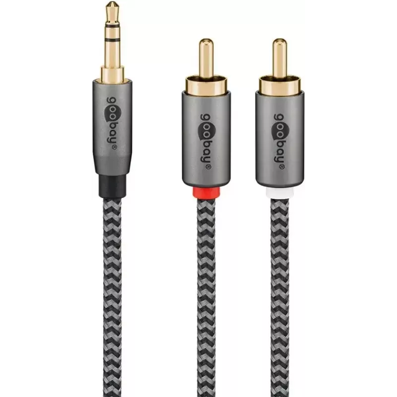 Garso kabelis Goobay 65285 3,5 mm lizdas – 2×RCA kištukai, 1 m, variniai laidai, auksuoti kontaktai, magnetinis ekranavimas (juodas/sidabrinis)