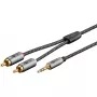 Garso kabelis Goobay 65285 3,5 mm lizdas – 2×RCA kištukai, 1 m, variniai laidai, auksuoti kontaktai, magnetinis ekranavimas (juodas/sidabrinis)
