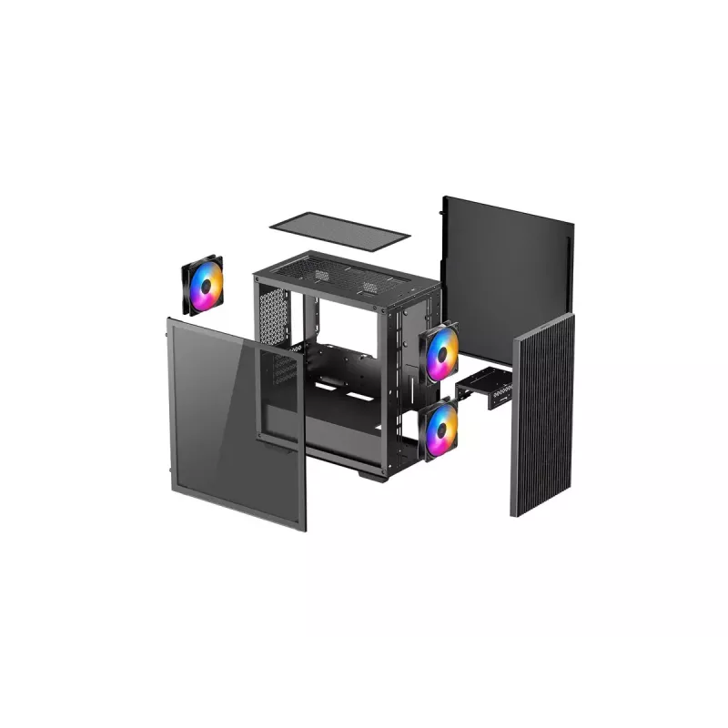 Korpusas DeepCool MATREXX 40 3FS Micro Tower — Micro ATX/Mini-ITX, grūdintas stiklas, 3x140/2x120 ventiliatoriai, GPU iki 320 mm, 2x3.5 colio + 2x2.5 colio, juodas
