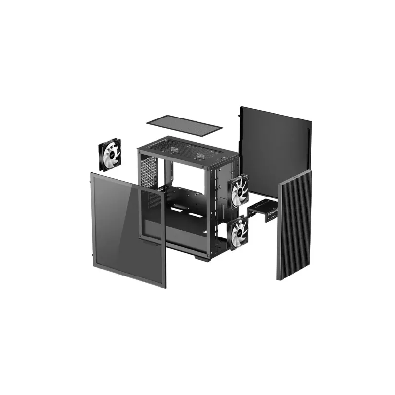 Korpusas DeepCool MATREXX 40 3FS Micro Tower — Micro ATX/Mini-ITX, grūdintas stiklas, 3x140/2x120 ventiliatoriai, GPU iki 320 mm, 2x3.5 colio + 2x2.5 colio, juodas