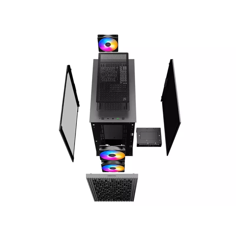 Korpusas DeepCool MATREXX 40 3FS Micro Tower — Micro ATX/Mini-ITX, grūdintas stiklas, 3x140/2x120 ventiliatoriai, GPU iki 320 mm, 2x3.5 colio + 2x2.5 colio, juodas
