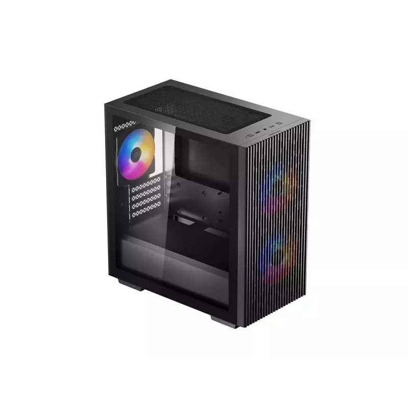 Korpusas DeepCool MATREXX 40 3FS Micro Tower — Micro ATX/Mini-ITX, grūdintas stiklas, 3x140/2x120 ventiliatoriai, GPU iki 320 mm, 2x3.5 colio + 2x2.5 colio, juodas