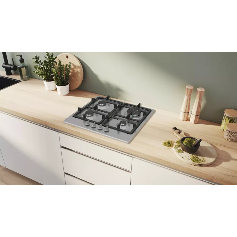 Įmontuojama dujinė kaitlentė Bosch Serie 4 PGH6B5K90, 4 zonų, nerūdijantis plienas, 60 cm, sukamieji valdikliai, wok degiklis